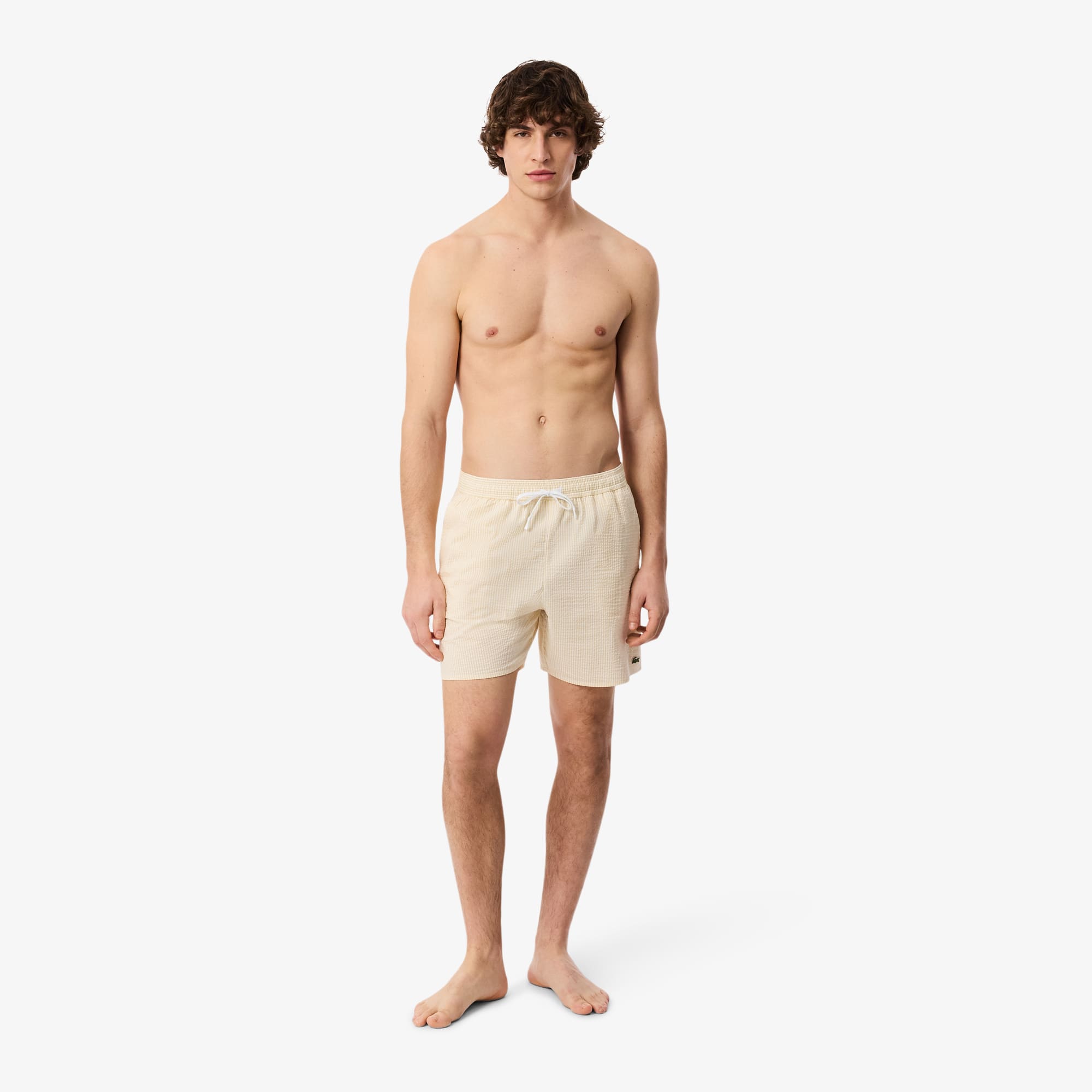 Lacoste Men's Mid Length Striped Textured Swim Trunks