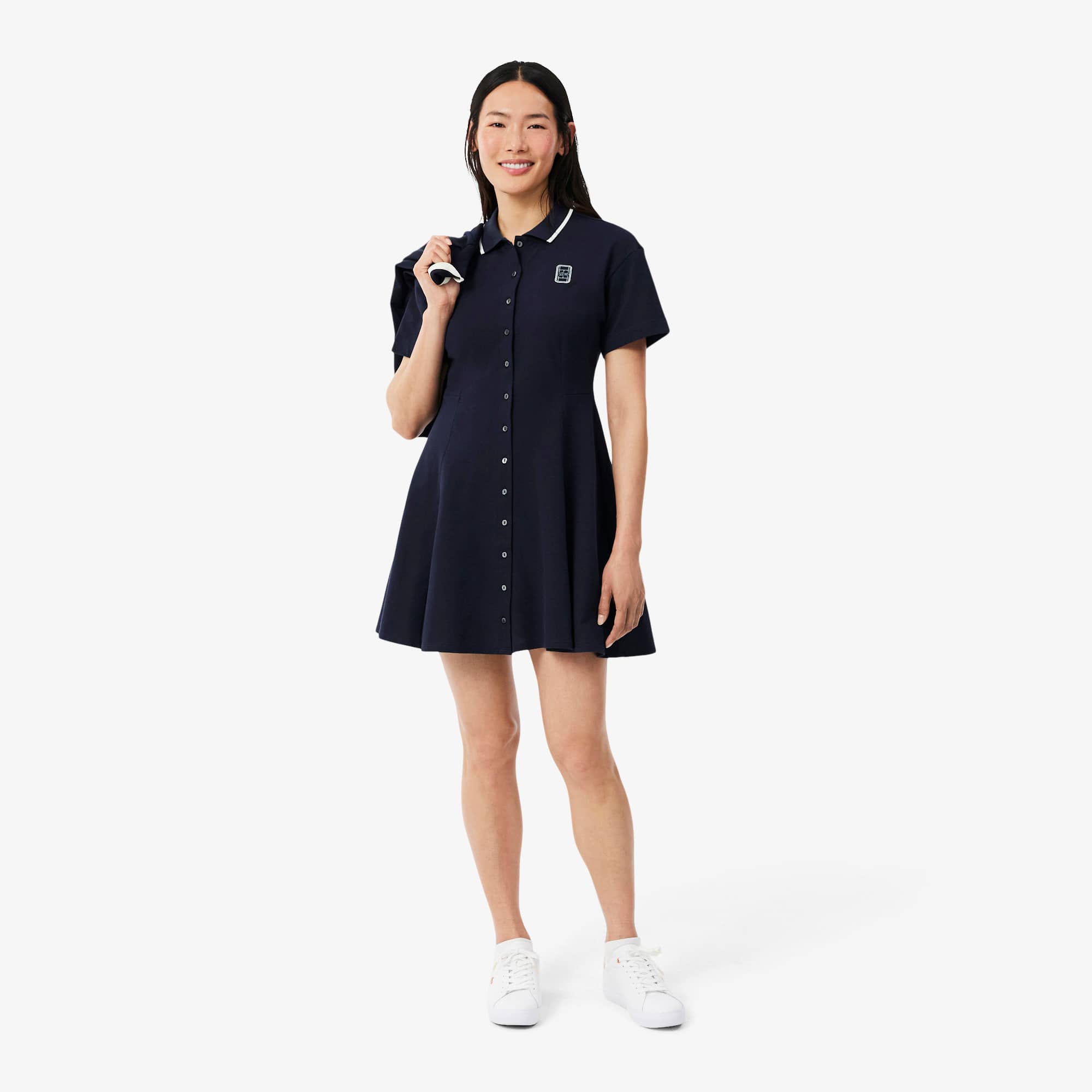 Lacoste Flared Badge Accent Petit Piqué Dress - S (36) In Blue