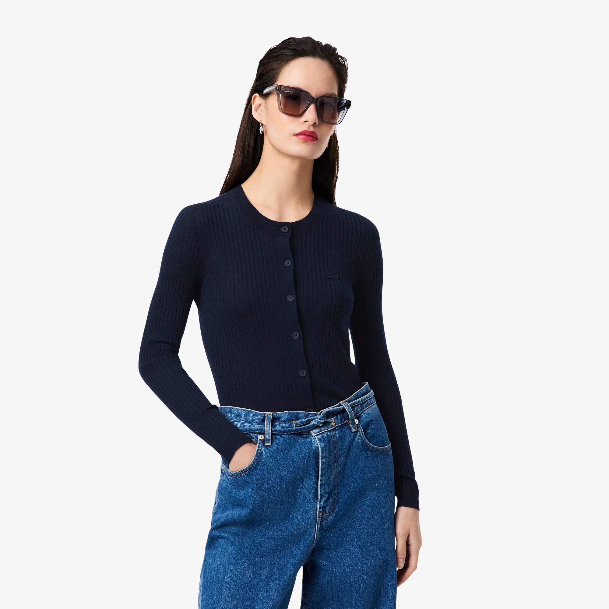 Lacoste Women's Rib Knit Merino Wool Cardigan - 40 In Blue