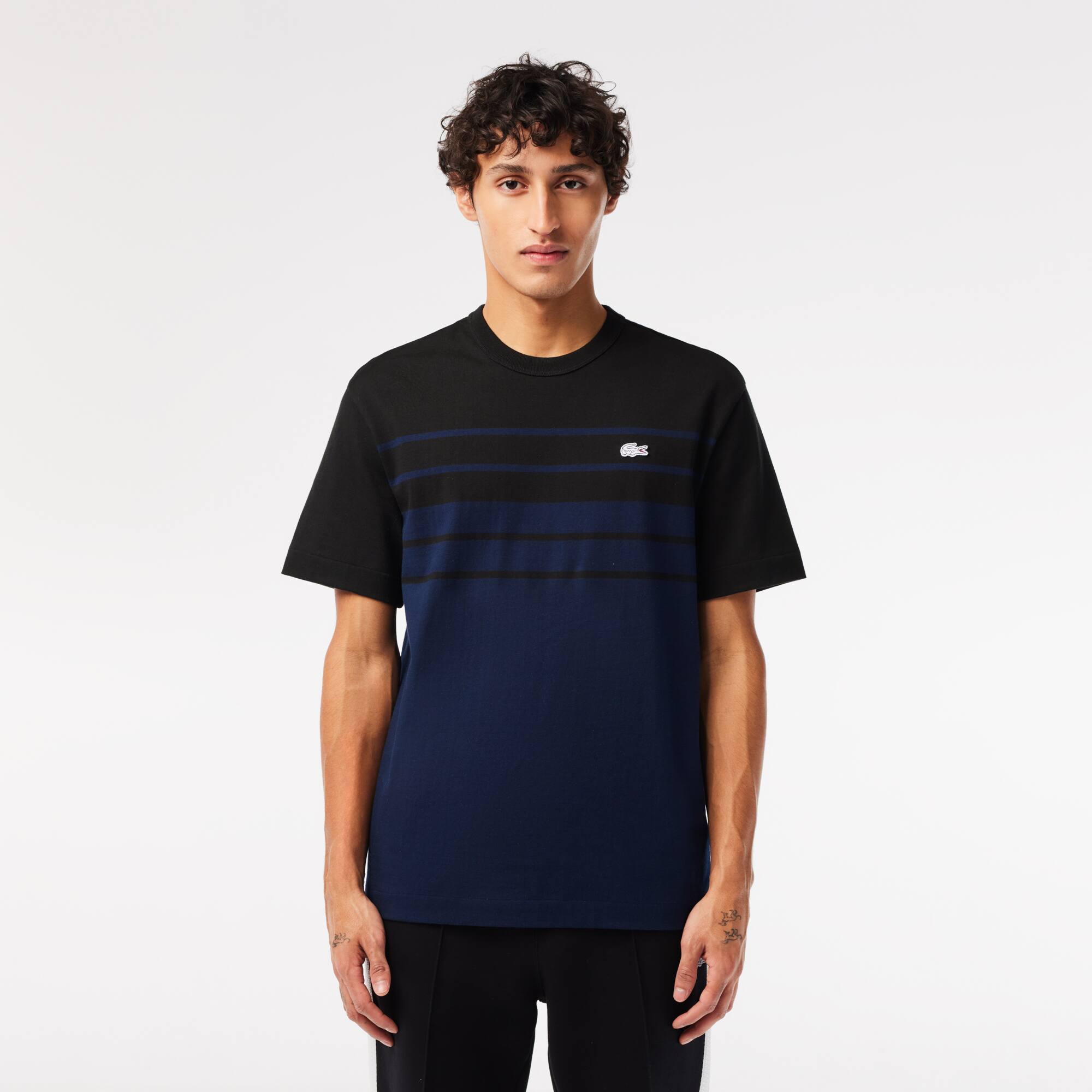 送料込★LACOSTE★TH8130 Tシャツ フランスメイドパネルボーダー鹿の子地Tシャツ TH8130