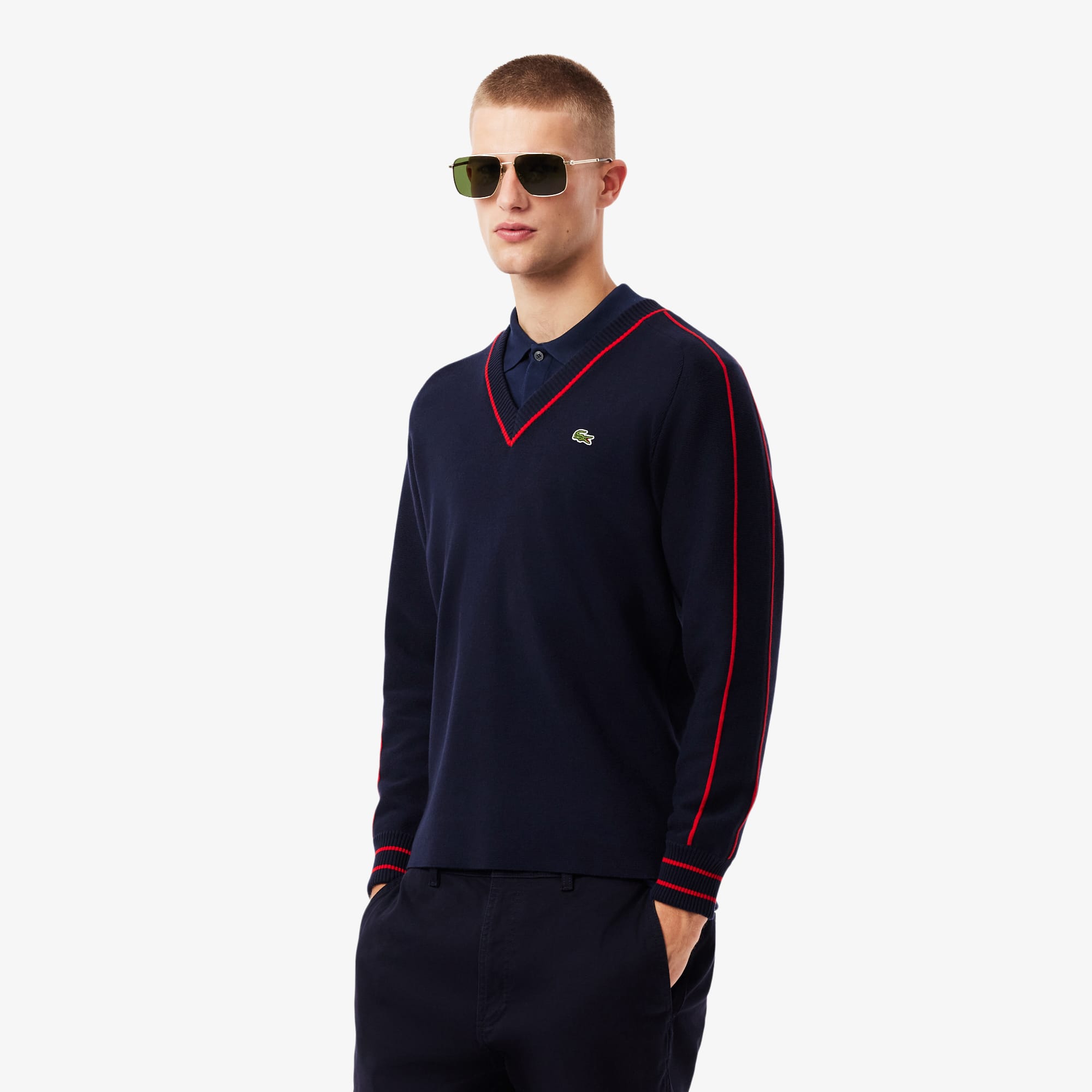 Lacoste Men's Archive Edition Striped V-Neck Sweater
