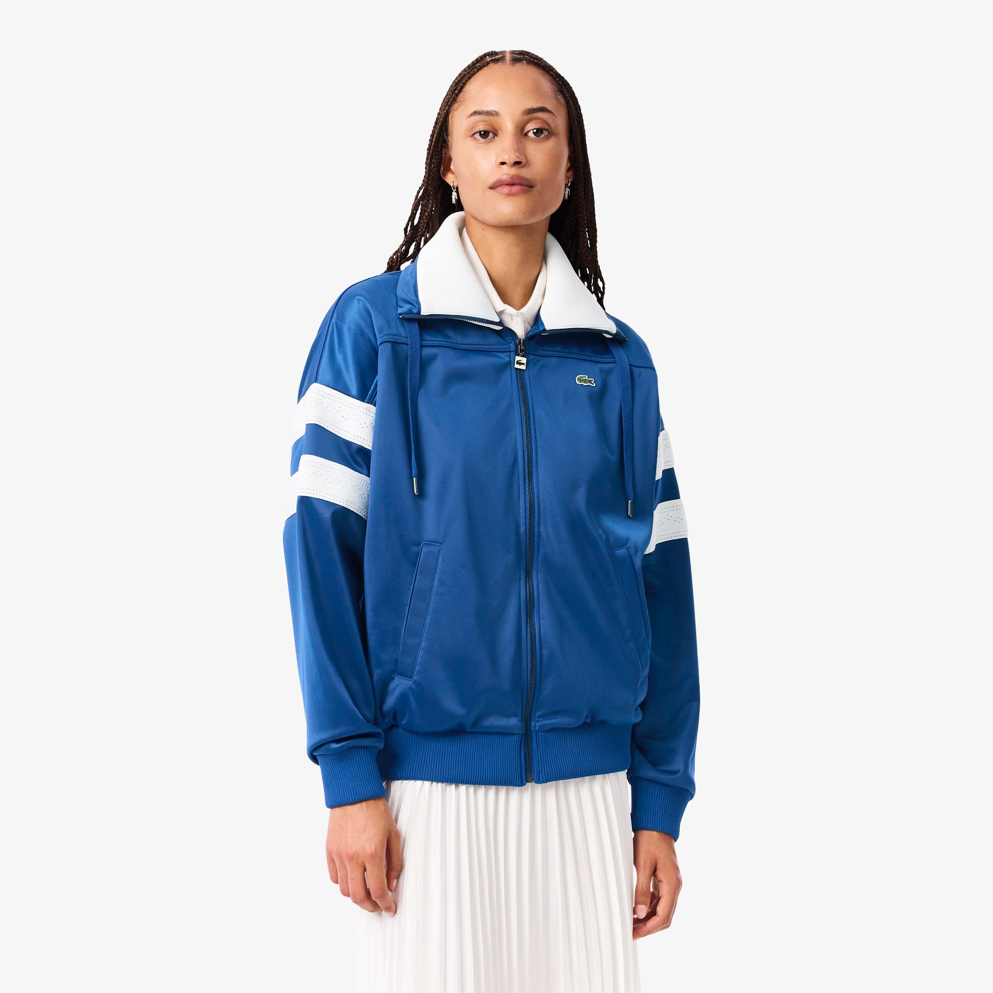 Lacoste Women's Oversized Pointelle Stripe Satin Sweatshirt - 40 In Blue