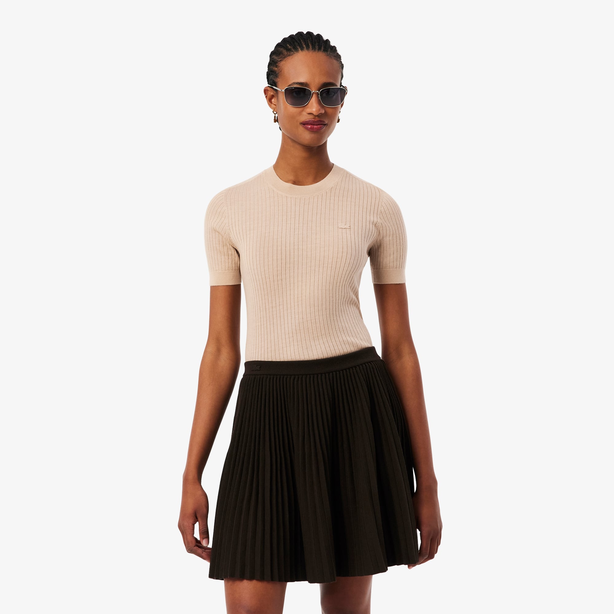 Lacoste Women's Short Sleeve Merino Wool Rib Knit Sweater - 36 In Neutral