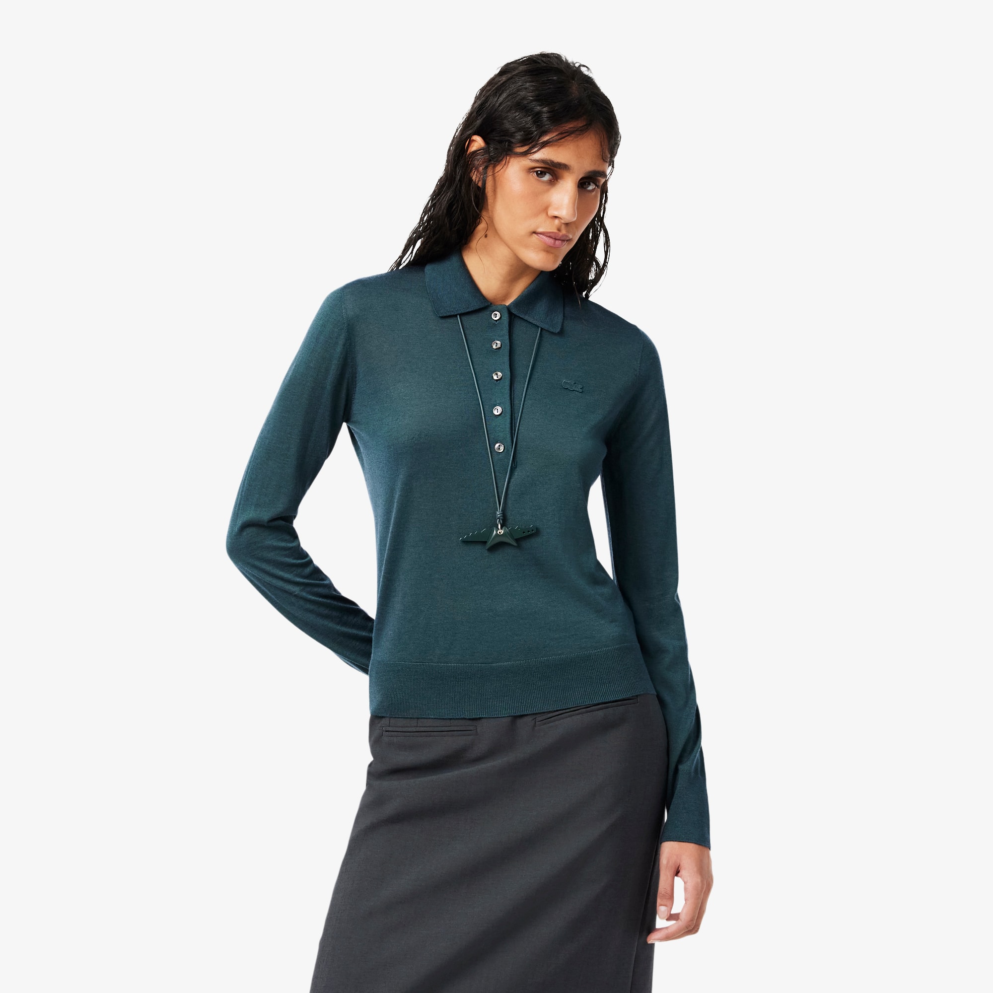 Lacoste Runway Polo Collar Merino Wool Sweater In Green