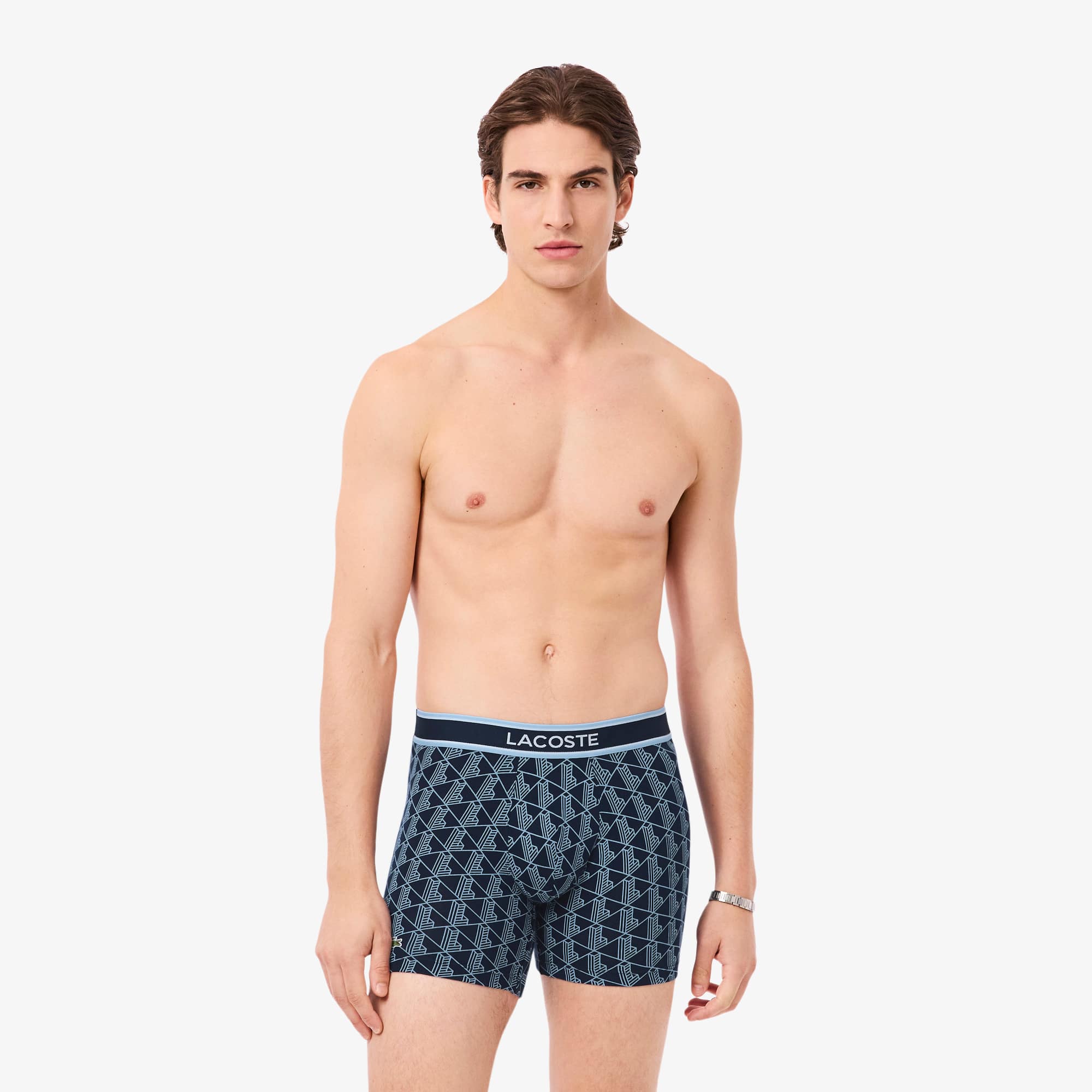 Lacoste Men's Stretch Cotton Monogram Boxer Briefs - Xl In Blue