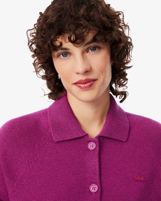 Carded Wool 3D Knit Polo Collar Cardigan