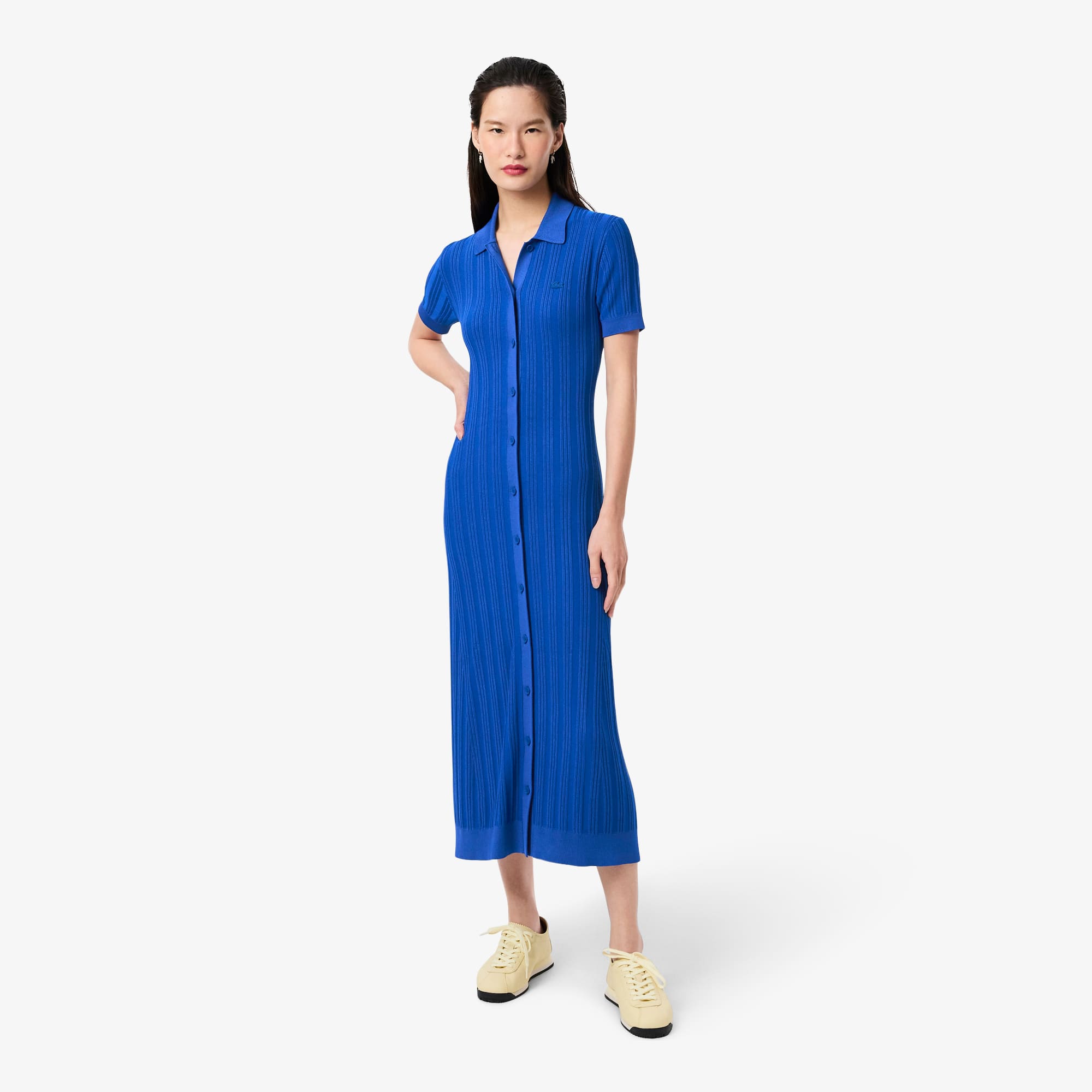 Lacoste Women's Ribbed Knit Polo Collar Dress - 34 In Blue
