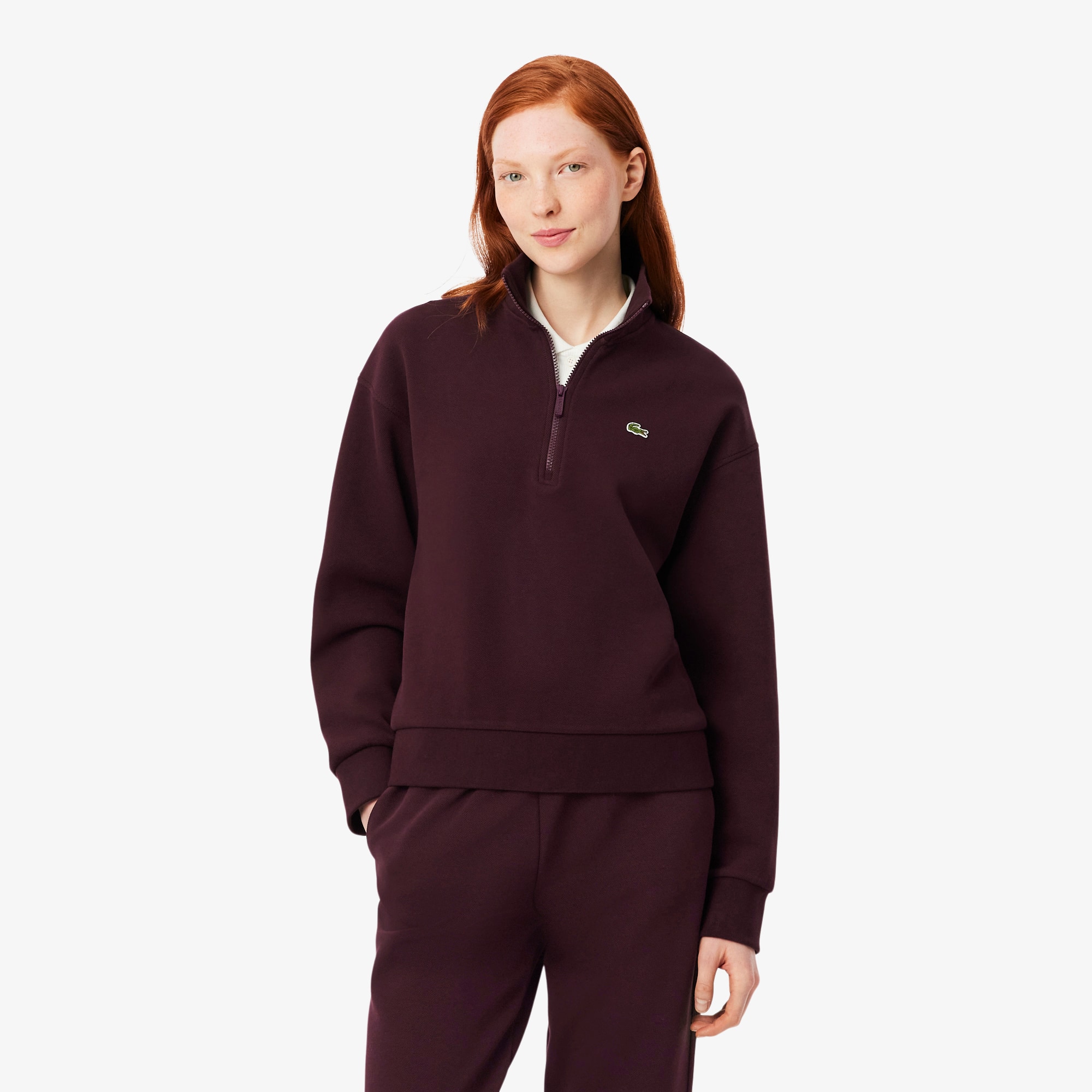 Lacoste Women's Zip-up Piqué Sweatshirt - Xl (42) In Brown
