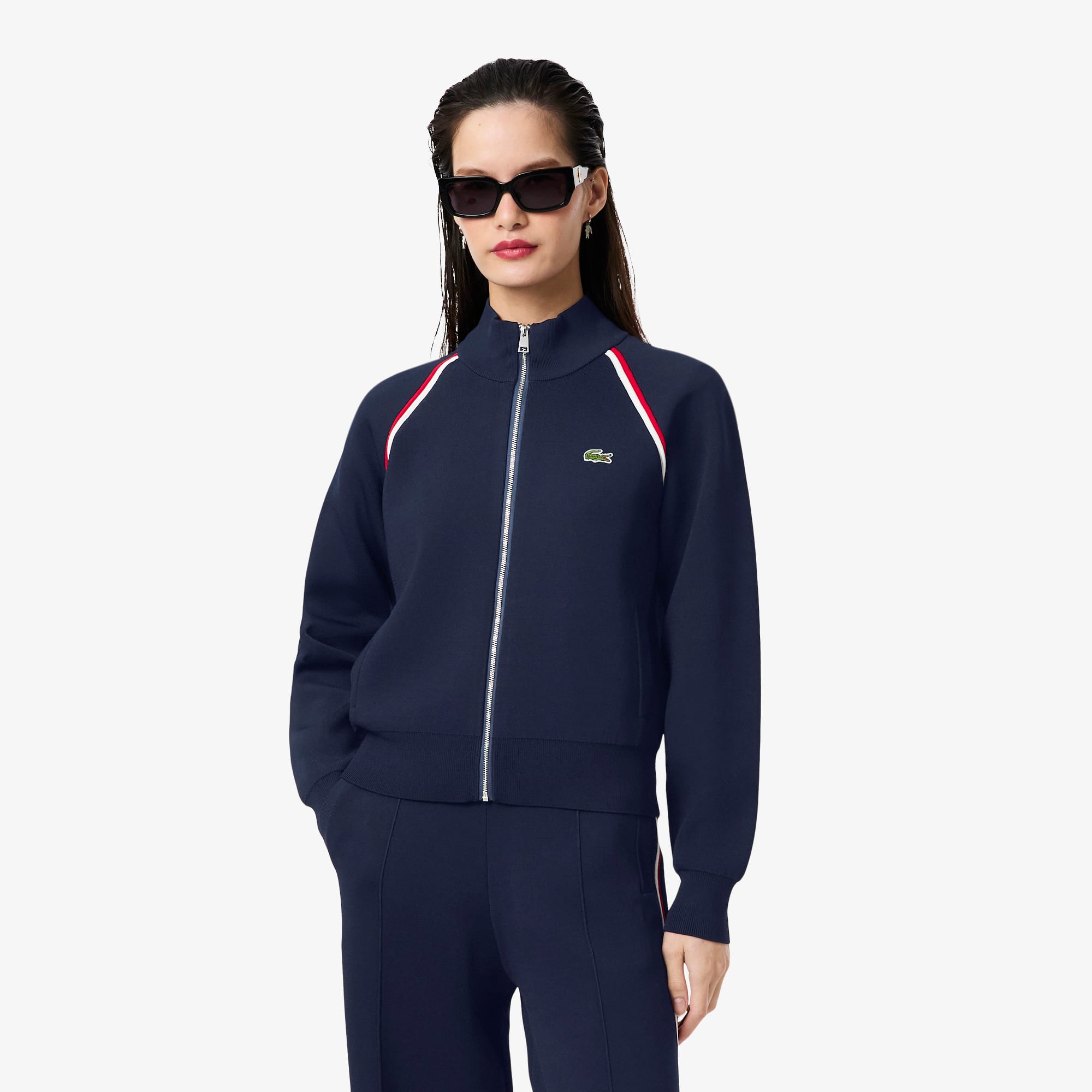 Lacoste Women's High-neck Zip Front Double Face Sweater - 32 In Blue
