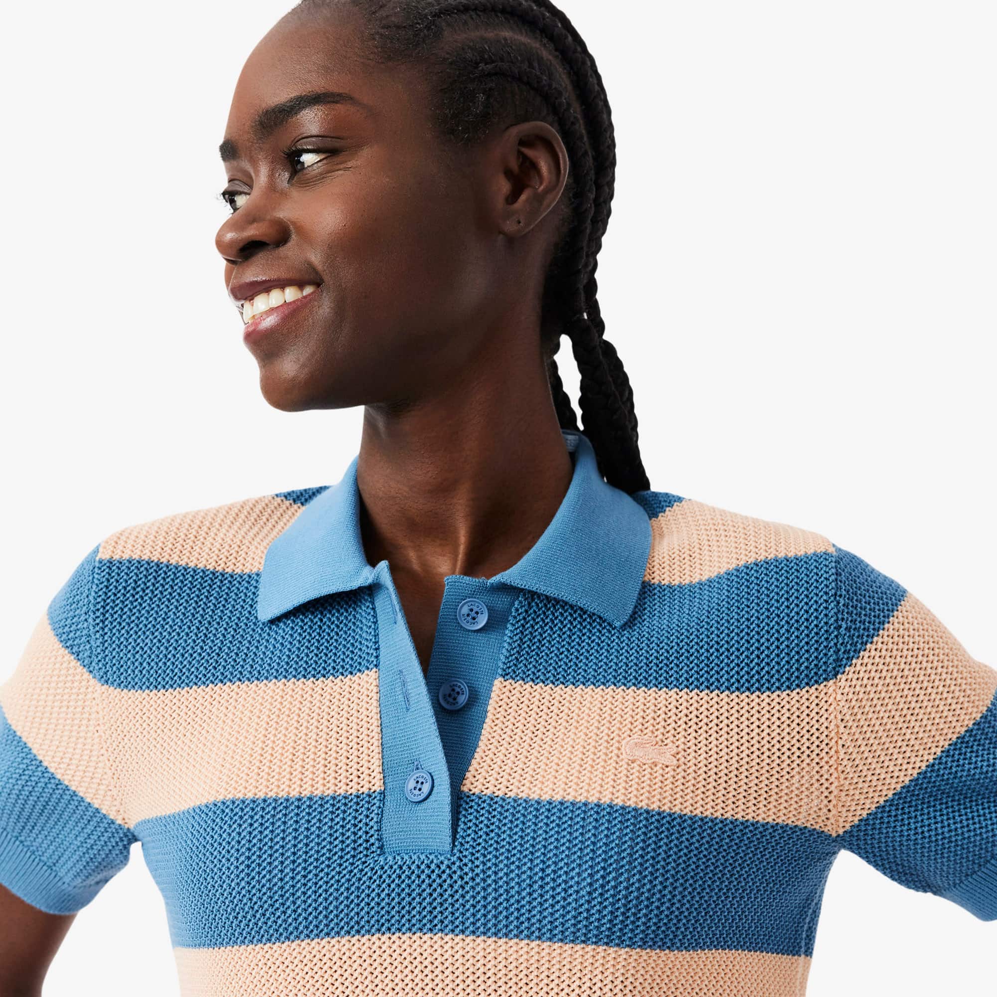 Striped Mesh Knit Polo Collar Sweater - Sweaters & Sweatshirts
