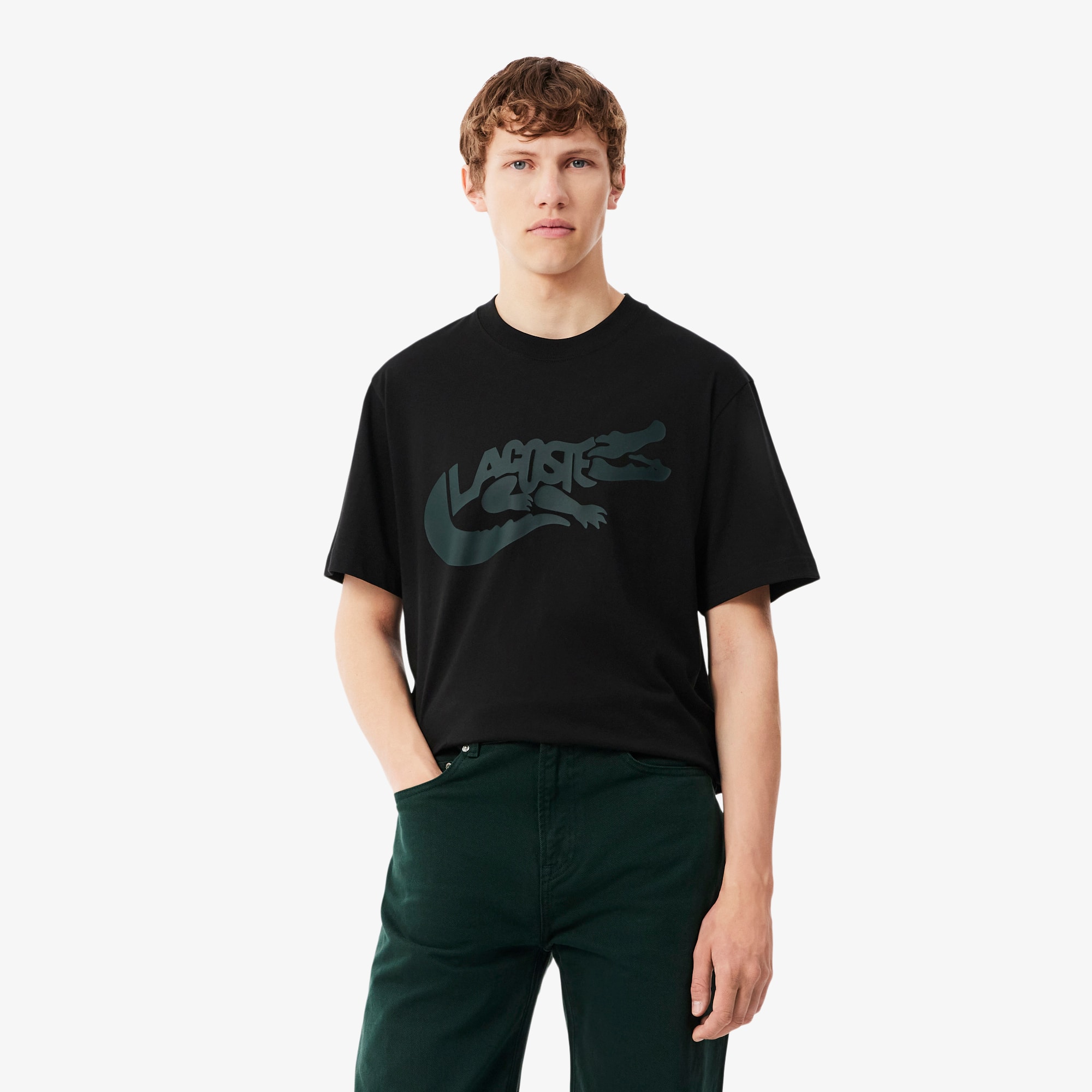 Lacoste Playera de Algodón Estampada de Corte Clásico Negro