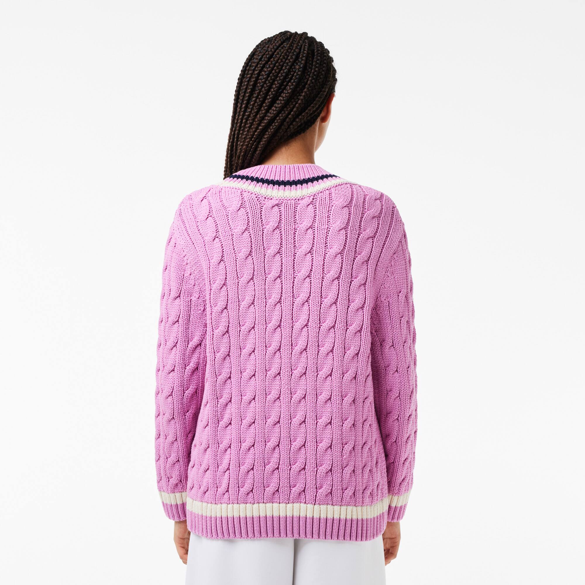 Lacoste ピンク Vネック ニットセーター Women's V-Neck Cable Knit Cotton Tennis Sweater - Sweaters
