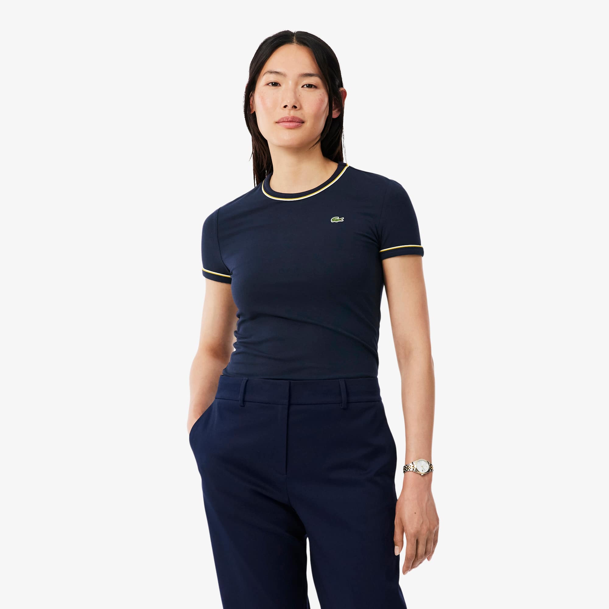 Lacoste Women's Contrast Trim Jersey T-shirt - Xs (34) In Blue