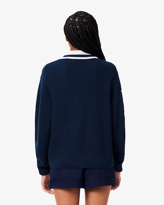 Badge Accent Wool Blend Golf Cardigan