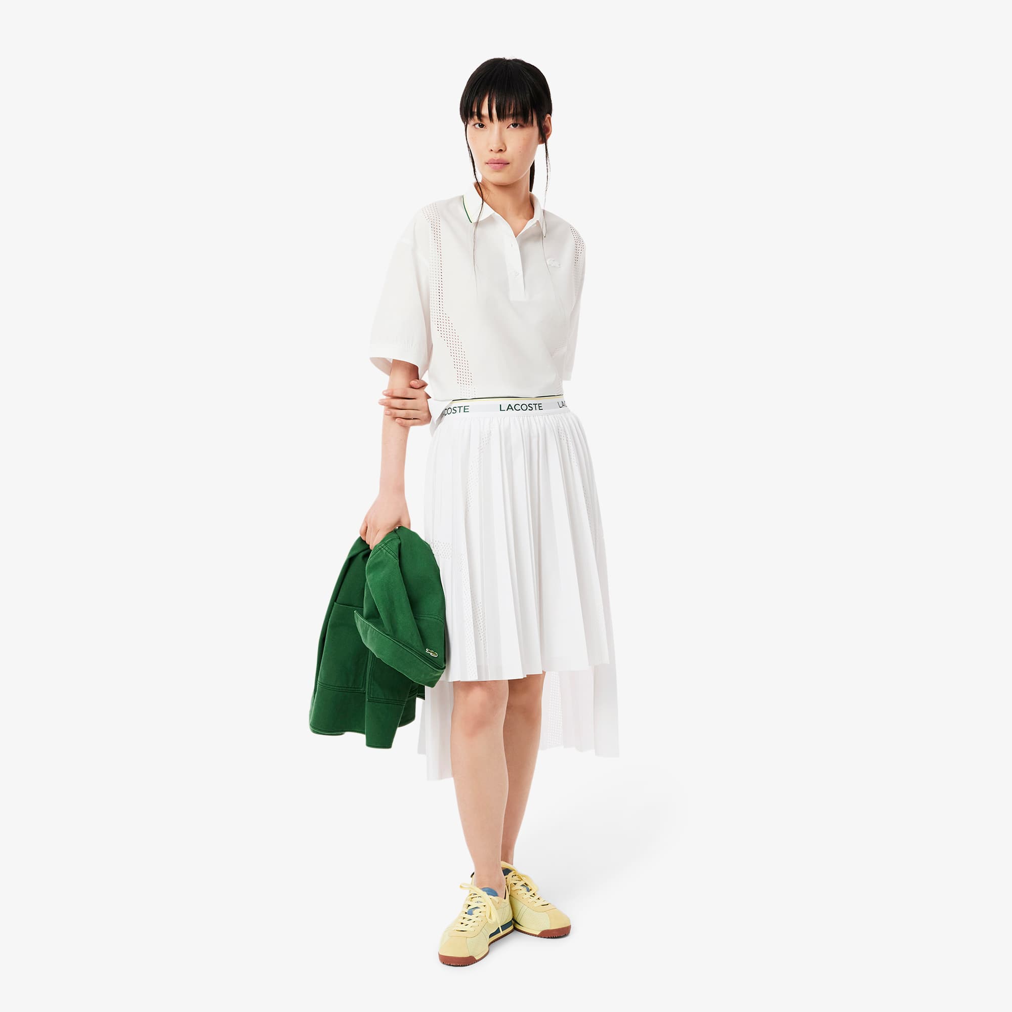 スカート LACOSTE Women Mid Skirts JF0641 001 White Women's Asymmetric Pleated Midi Skirt - Shorts & Skirts