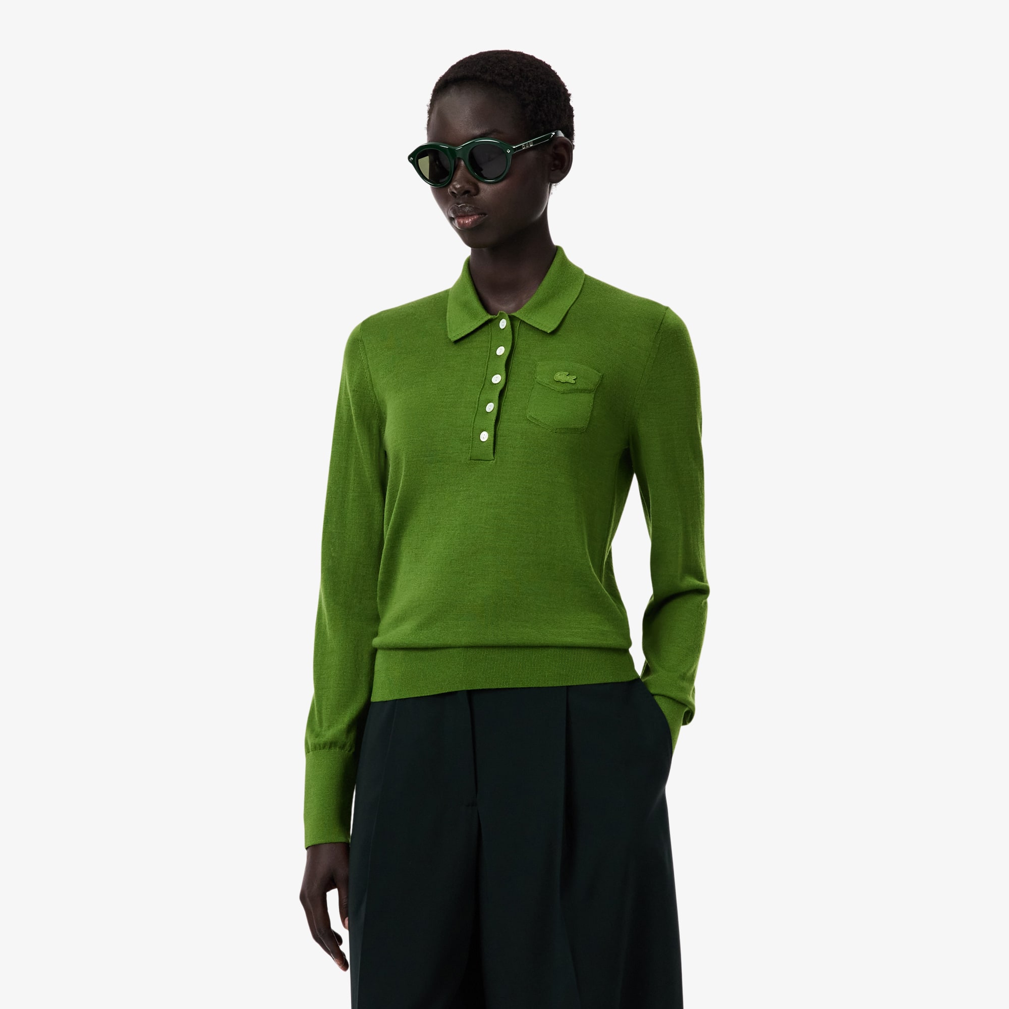 Lacoste Runway Polo Collar Merino Wool Sweater - 40 In Green