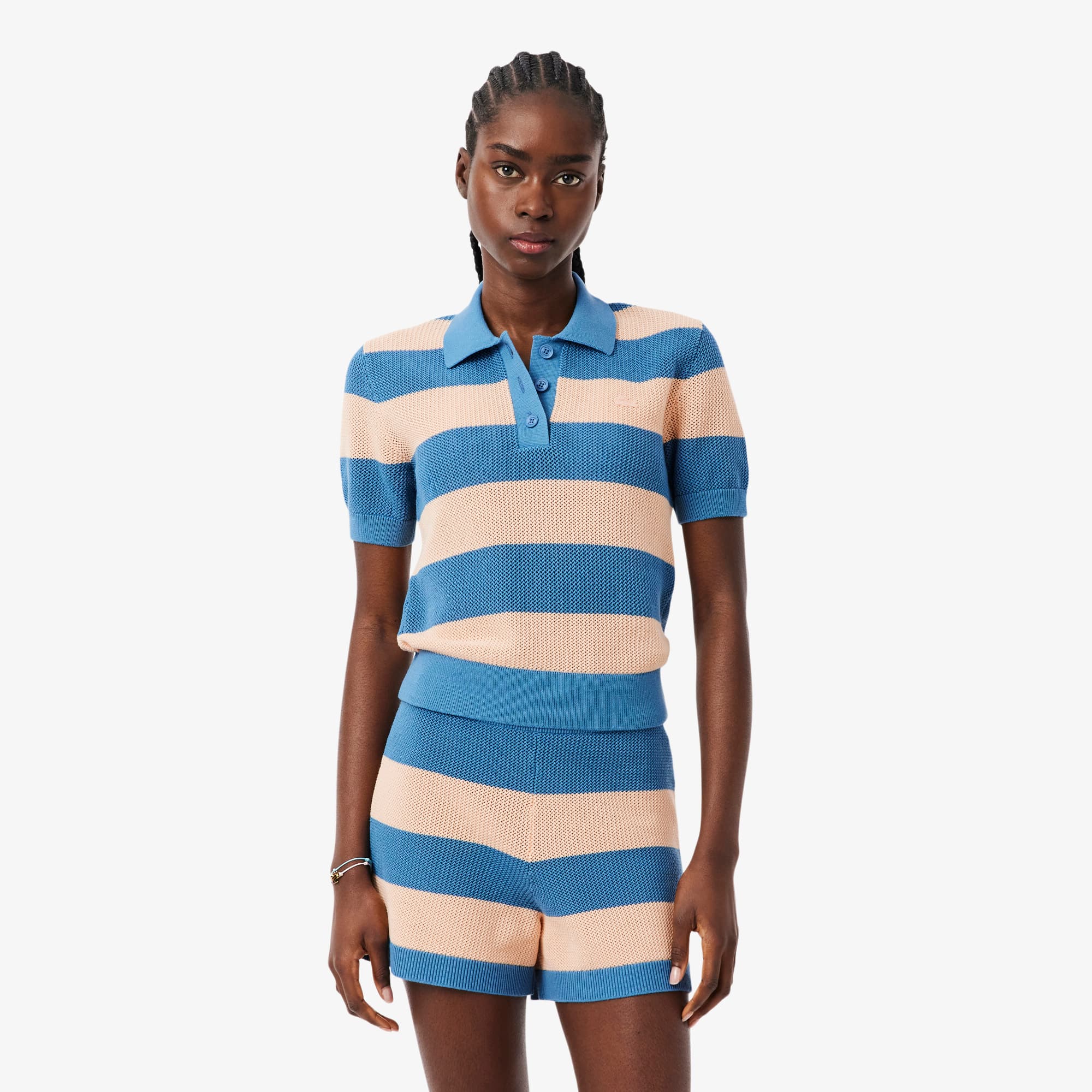 Striped Mesh Knit Polo Collar Sweater - Sweaters & Sweatshirts