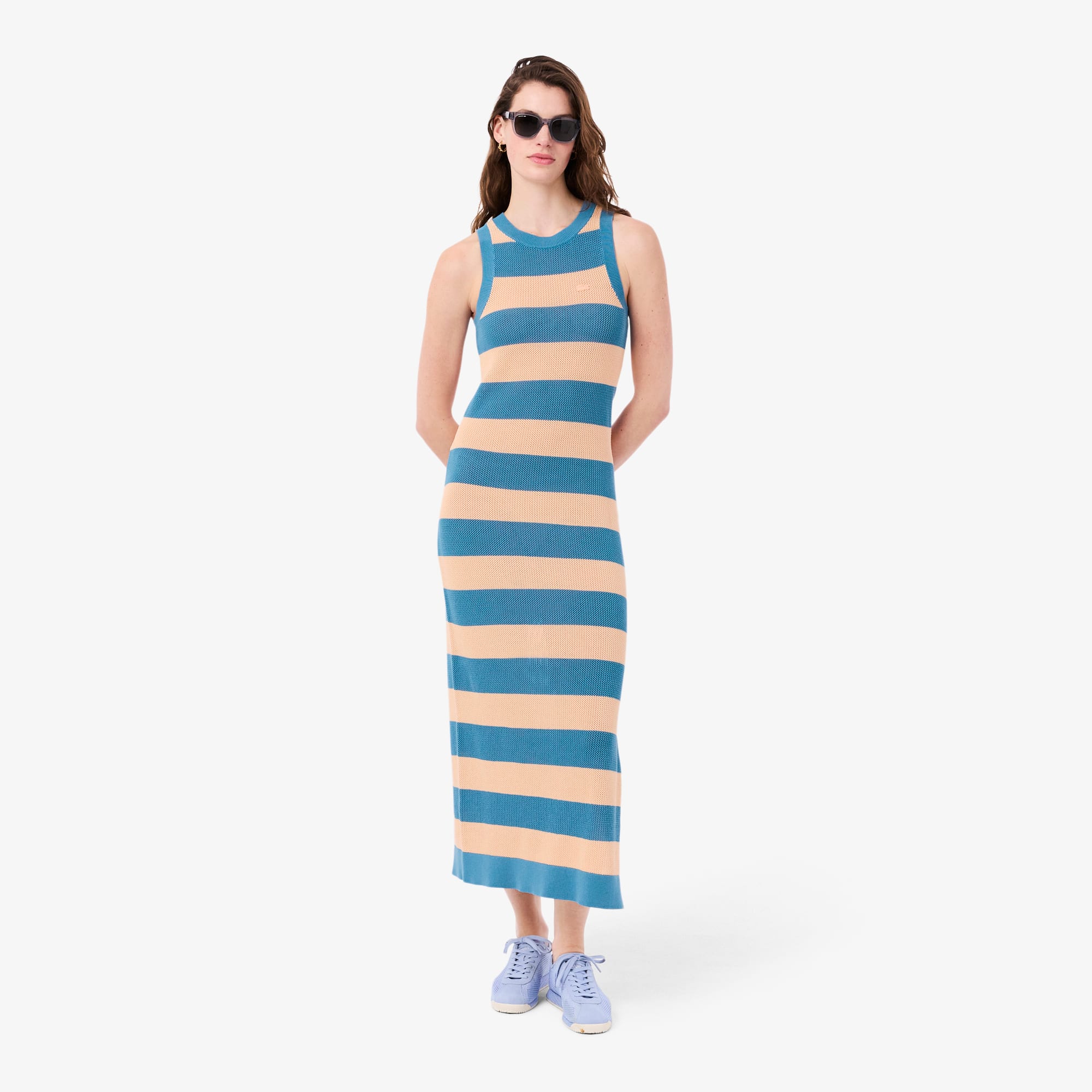 Lacoste Striped Cotton Dress - Xl (42) In Blue