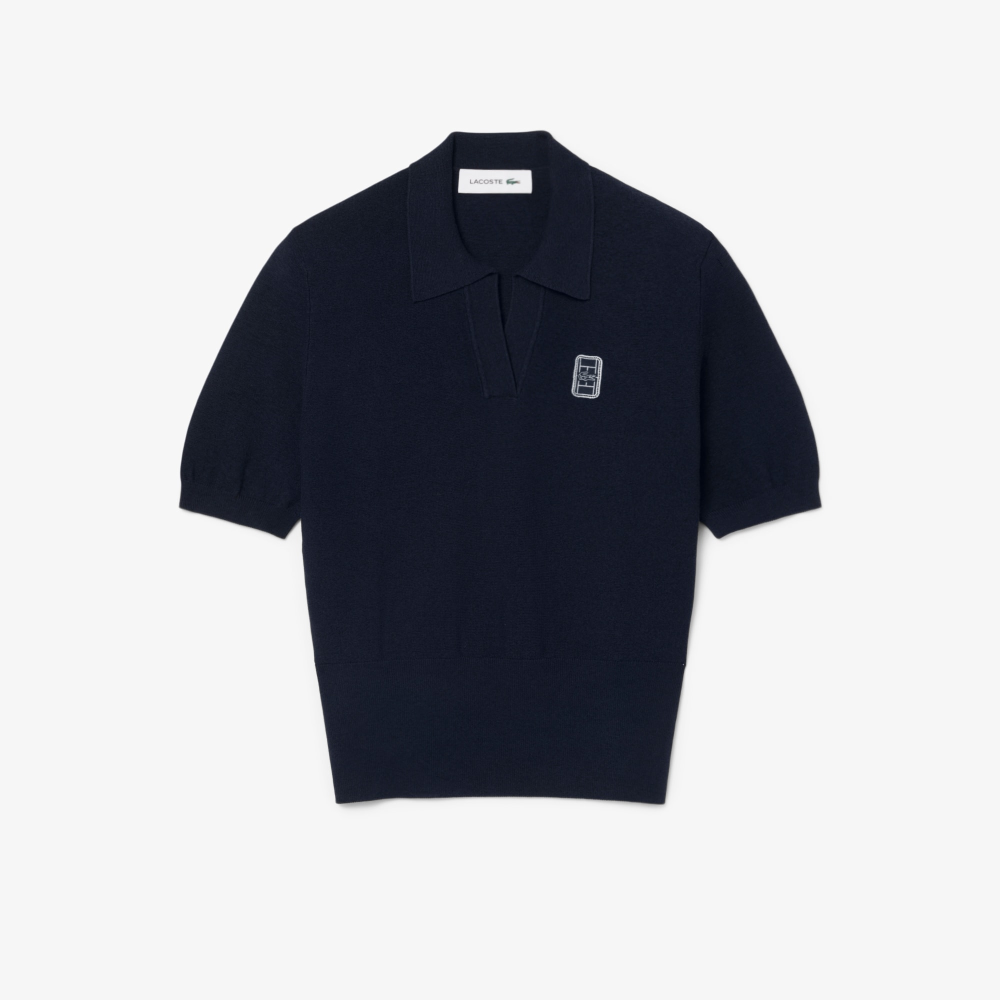 Regular Fit Open Neck Badge Accent Knit Polo Shirt