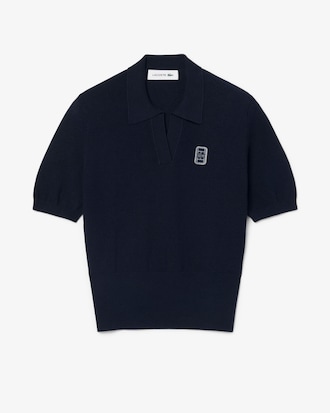 Regular Fit Open Neck Badge Accent Knit Polo Shirt