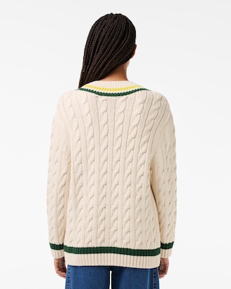 Women's V-Neck Cable Knit Cotton Tennis Sweater
