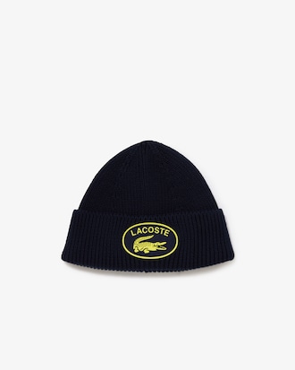 Unisex Lacoste Contrast Crocodile Ribbed Knit Beanie