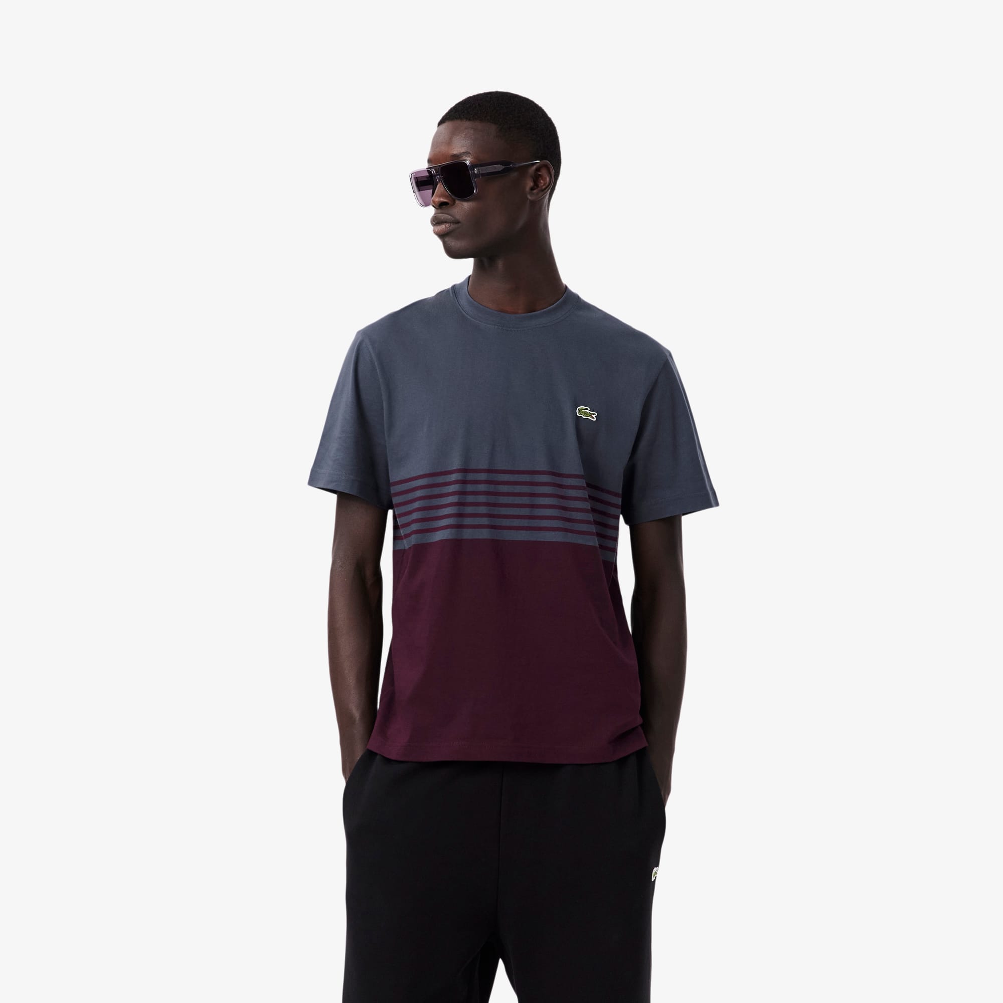 Lacoste Playera de Tejido Jersey de Rayas con Bloques de Color Gris