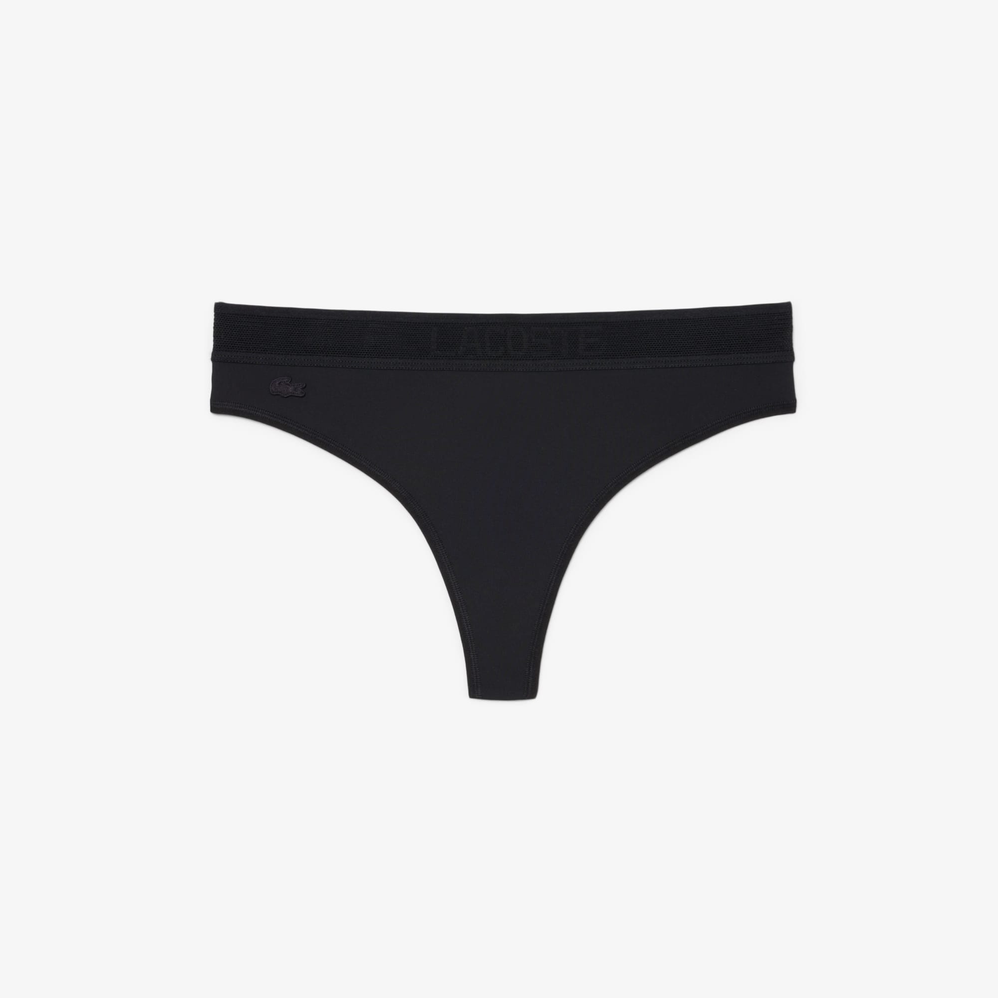 Lacoste Logo Waist Microfiber String Briefs In Black