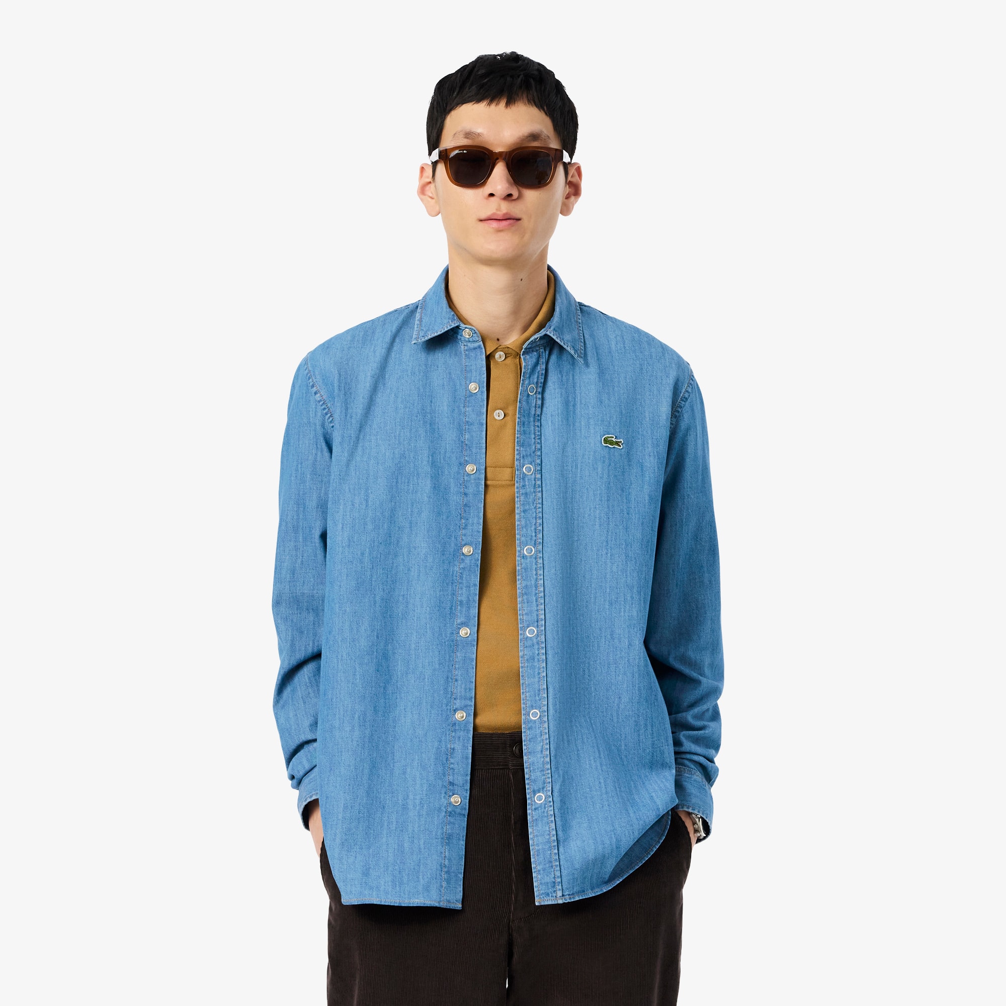 Lacoste Organic Cotton Denim Shirt With Embroidered Crocodile Logo In Blue