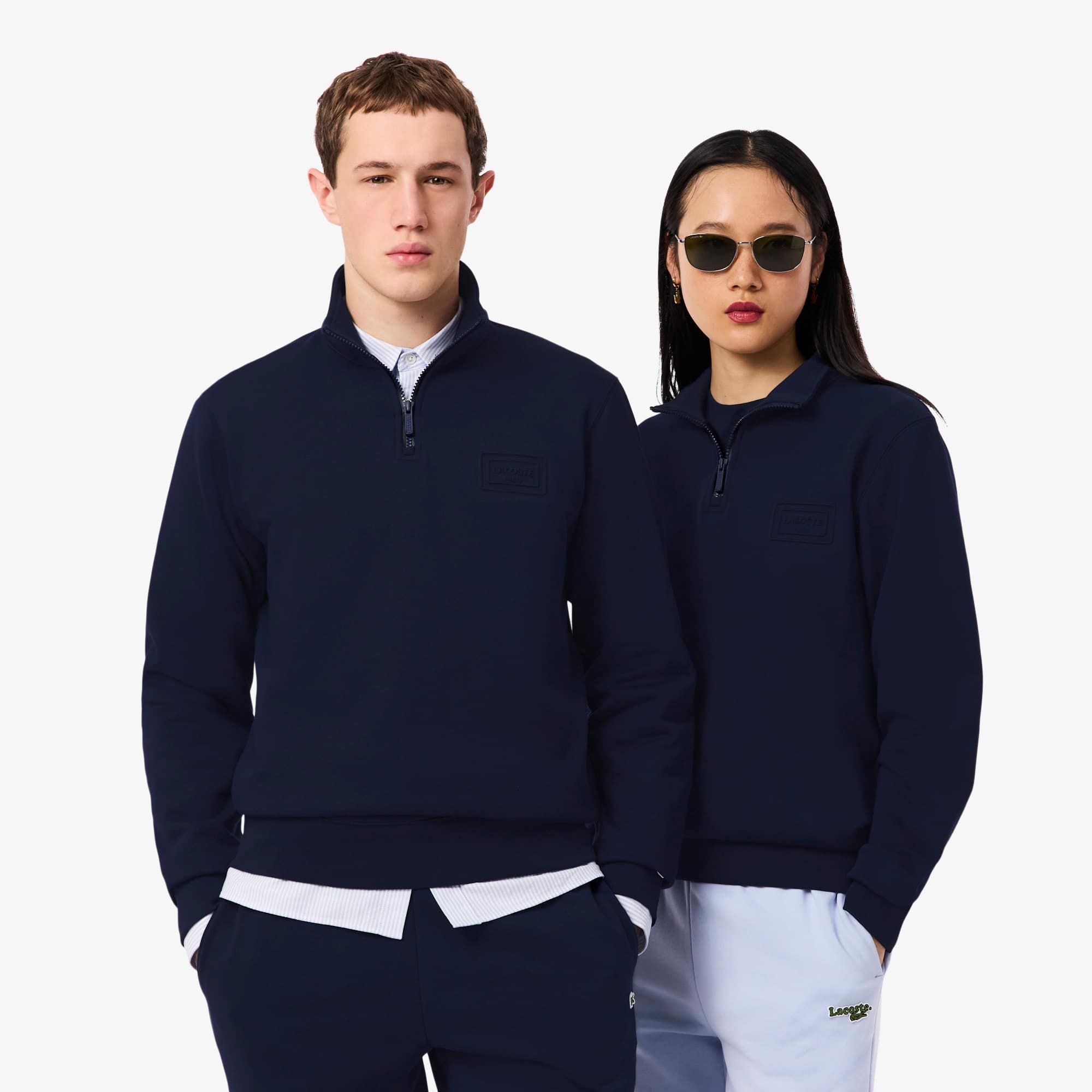 Lacoste High Neck Embossed Zipped Sweatshirt - Xl In Blue